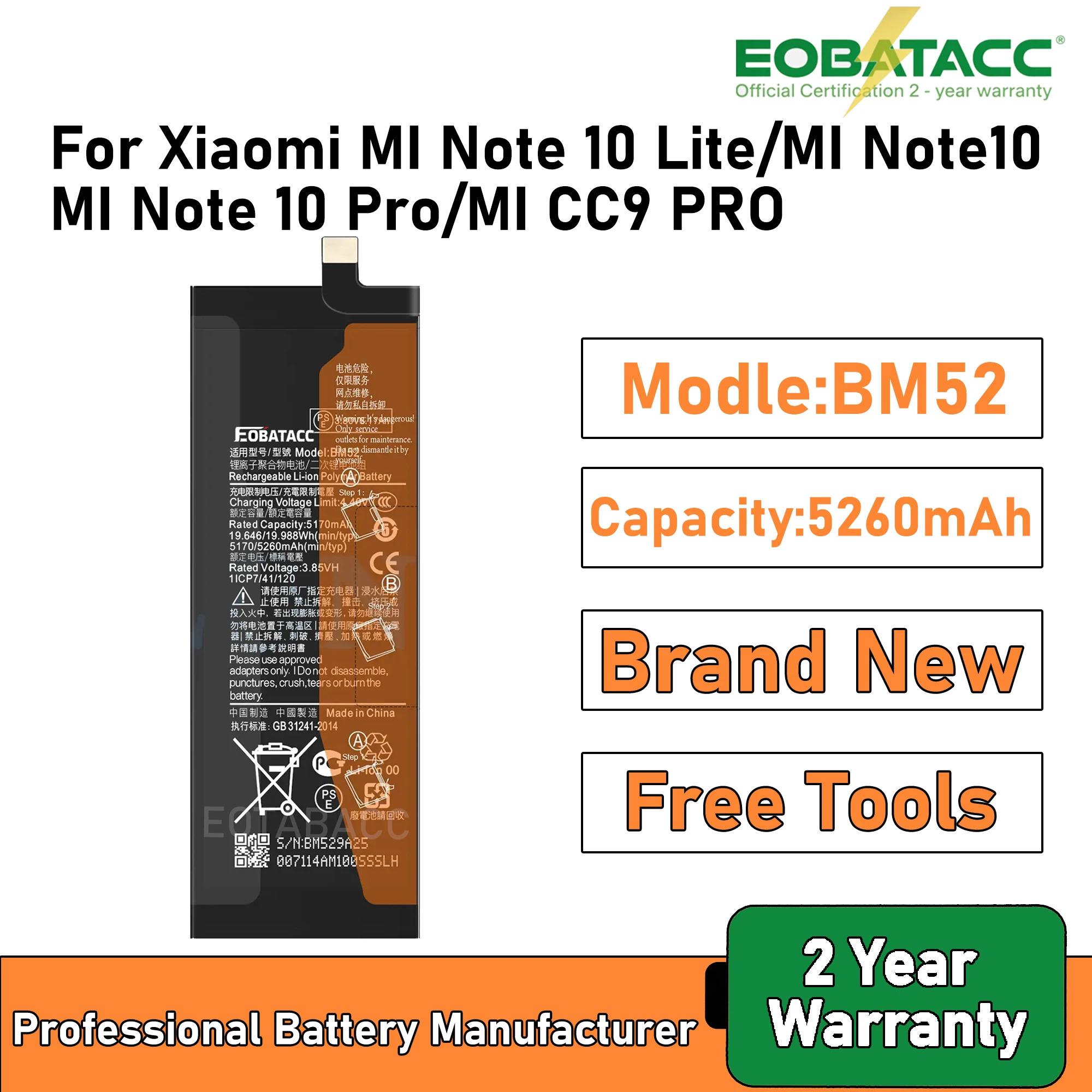 

2025 Years EOBATACC 100% New BM52 Battery For Xiaomi Note 10 Lite/ Note10/Note 10 Pro/CC9 PRO 5260mAh Batteries+Free Tools