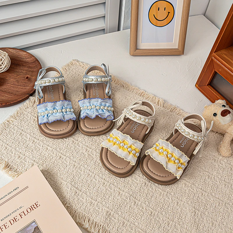 

Girls Sandals Sweet Ruffled Breathable Kids Beach Shoes Soft Sole Cute Beading 2026 Summer New Children Princess Shoes Anti-slip