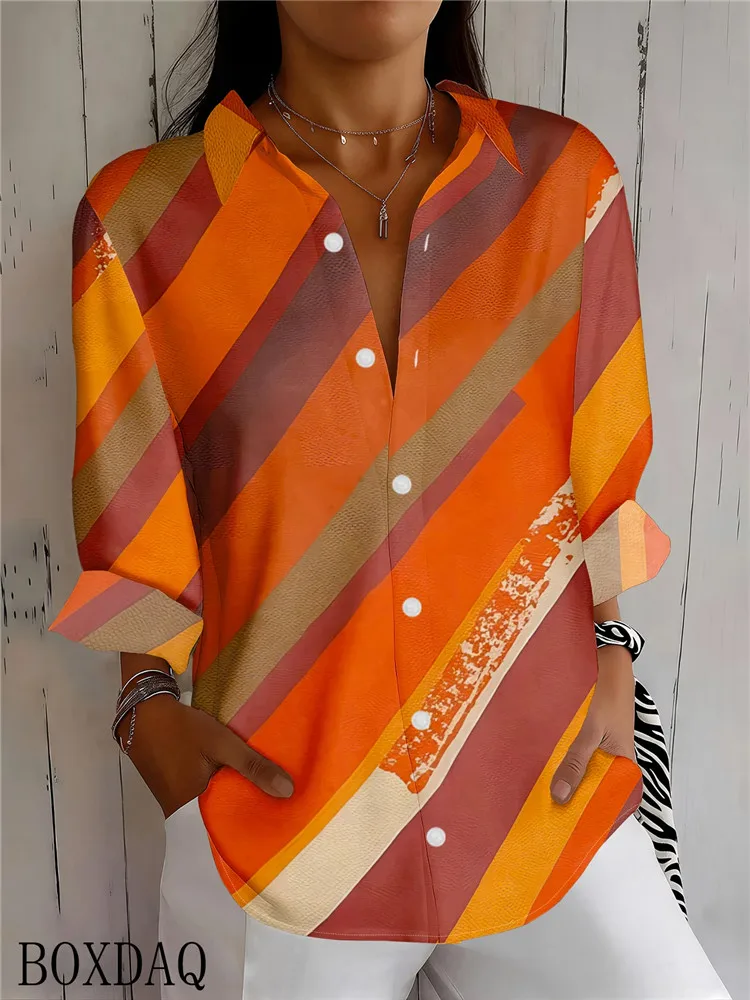 Autumn New Women's Blouse Long Sleeved Lapel Striped Multi-Color Pattern Printed Casual Loose Single Breasted Shirts Elegant Top