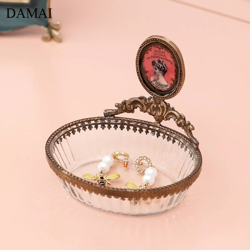 European Vintage Brass Glass Trays Relief Craft Jewelry Necklace Display Storage Tray Desktop Snacks Plates Home Decoration