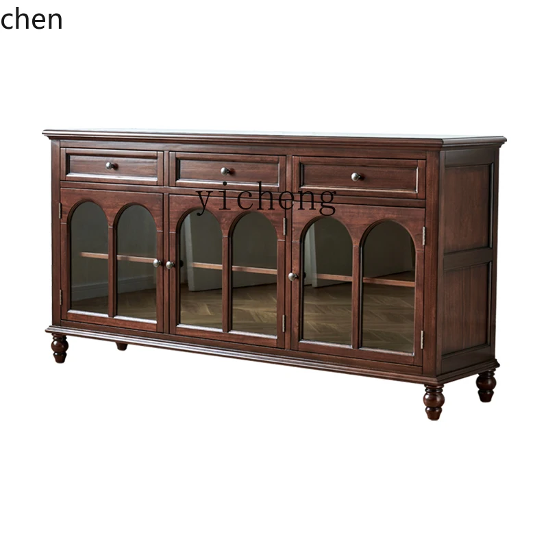 HXL solid wood dining side cabinet three-door cherry wood tea cabinet retro living room wall storage cabinet