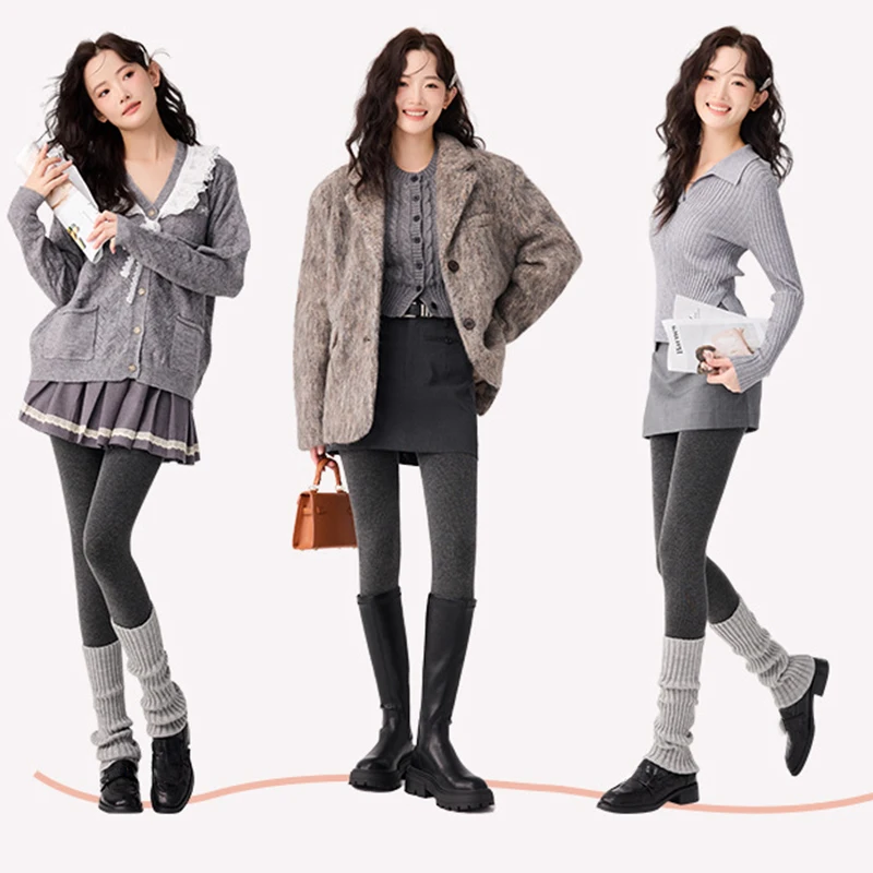 Winter fleece warm gray thread high waist without falling off leggings for women pantyhose can be worn outside