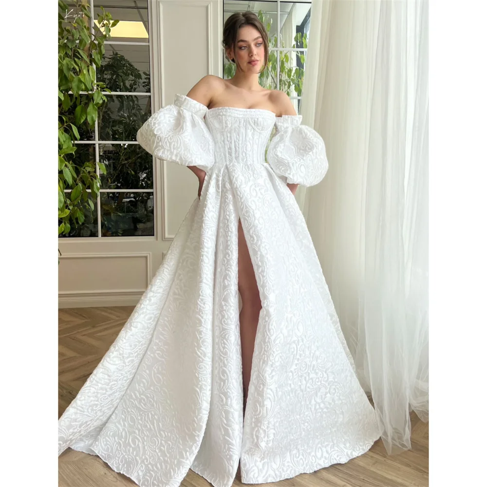 

Kyoto White Off Shoulder Puffy Sleeves Wedding Dress Gorgeous A-line vestidos de novia Customized Lace-up Back Formal Evening