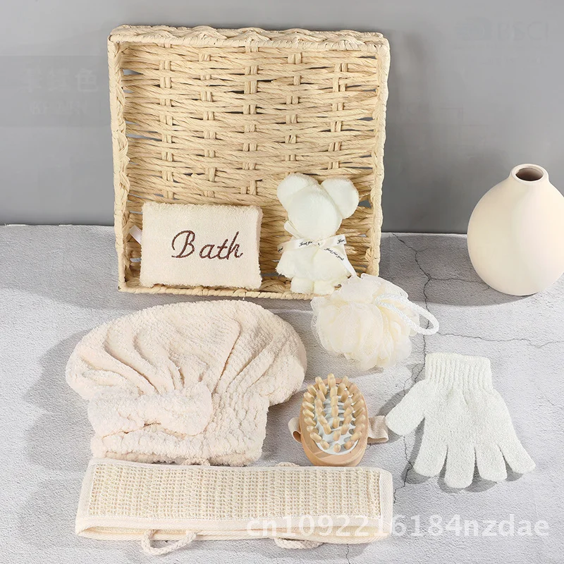 

Coral Fleece Bear Bath Set - 7-Piece Bathroom Accessory Kit with Towel Hair Belt And Flower Backer Strip for Business Gifts