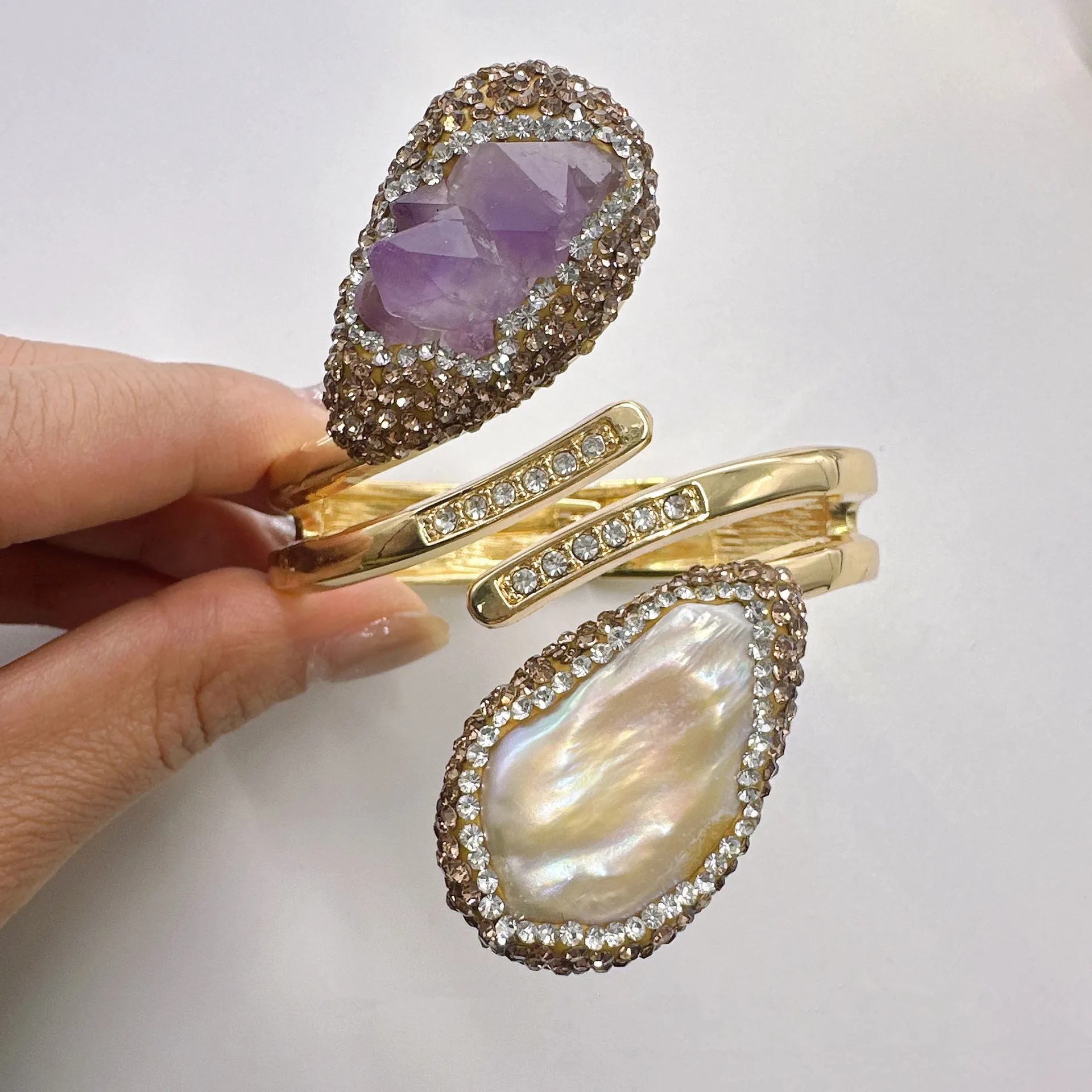 

Raw Amethyst Natural Baroque Freshwater Pearl Cuff Bracelet Light Purple Quartz Bangle Women Crystal Jewelry Accessories