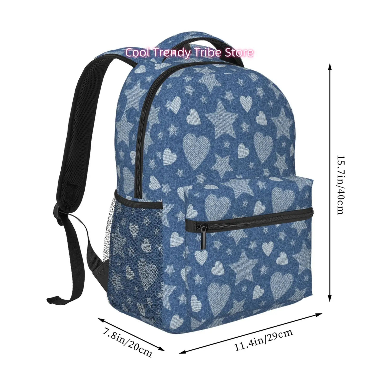 Faux Denim Style Stars And Hearts Print Backpack, Oxford Cloth Casual Daypack, Adjustable Straps, for Short Trips And Travel