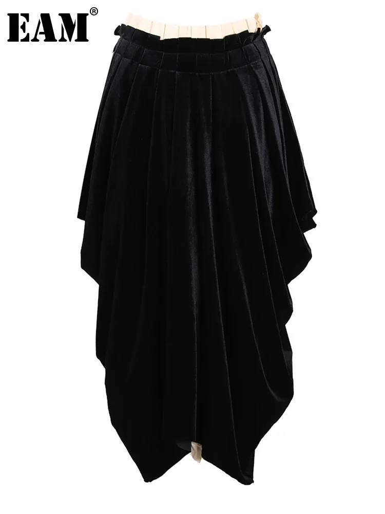 

[EAM] High Waist Black Irregular Burr Velvet Color-block Pleated Half-body Skirt Women Fashion New Spring Autumn 2024 1DH2675