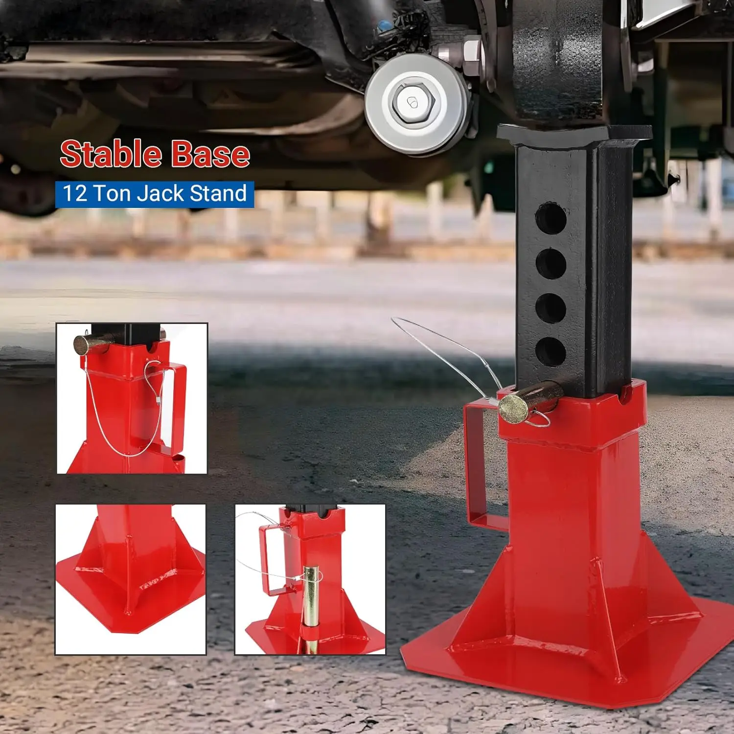 Car Jack Stands Steel 12 Ton Capacity Red Heavy Duty Pin Type 1 Pair with Lock, Adjustable Height 11"-18" view 3
