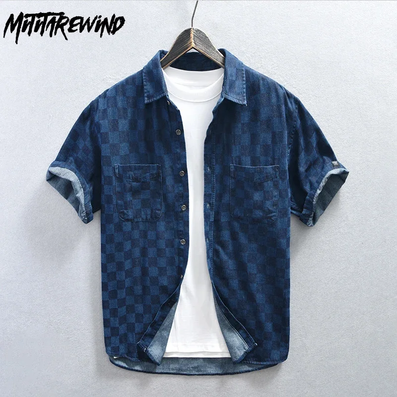 Summer Denim Shirt Men Streetwear Loose Jean Shirts Japanese Retro Causal Lapel Double Pockets Plaid Short Sleeve Shirts Fashion