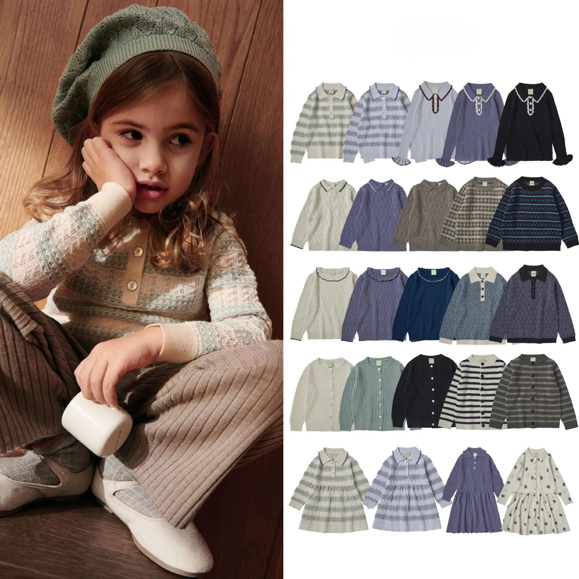 FUB Autumn/Winter Boys & Girls Outfit Solid Color Jacquard Striped Hollow-out Knit Sweater