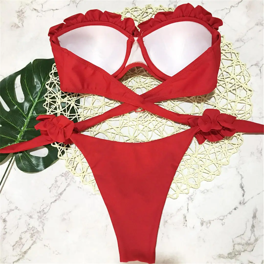 Bandeau-Bikini, Push-Up-Badeanzug, Damen-Badebekleidung, zweiteiliges Bikini-Set, Badeanzug mit hohem Beinausschnitt, Badeanzug mit Rüschen, Badeanzug V1562 – Detail 18