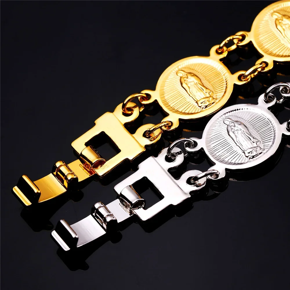 U7 Virgin Mary Earrings Bracelet Necklace Set for Women Gold/Silver Color Oval Medal Coin Classic Christian Jewelry Sets S681