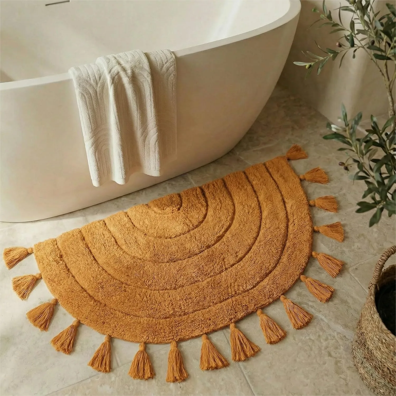 

Boho Half Circle Bathroom Rug with Tassels, 100% Cotton Non-Slip Absorbent Mat for Vanity Shower