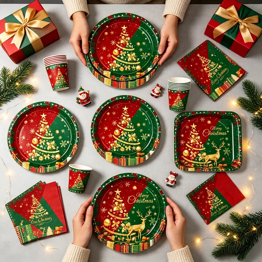 Christmas Disposable Tableware Set Gold Christmas Tree Elk Paper Cup Napkins Christmas Party Supplies Holiday Table Decorations