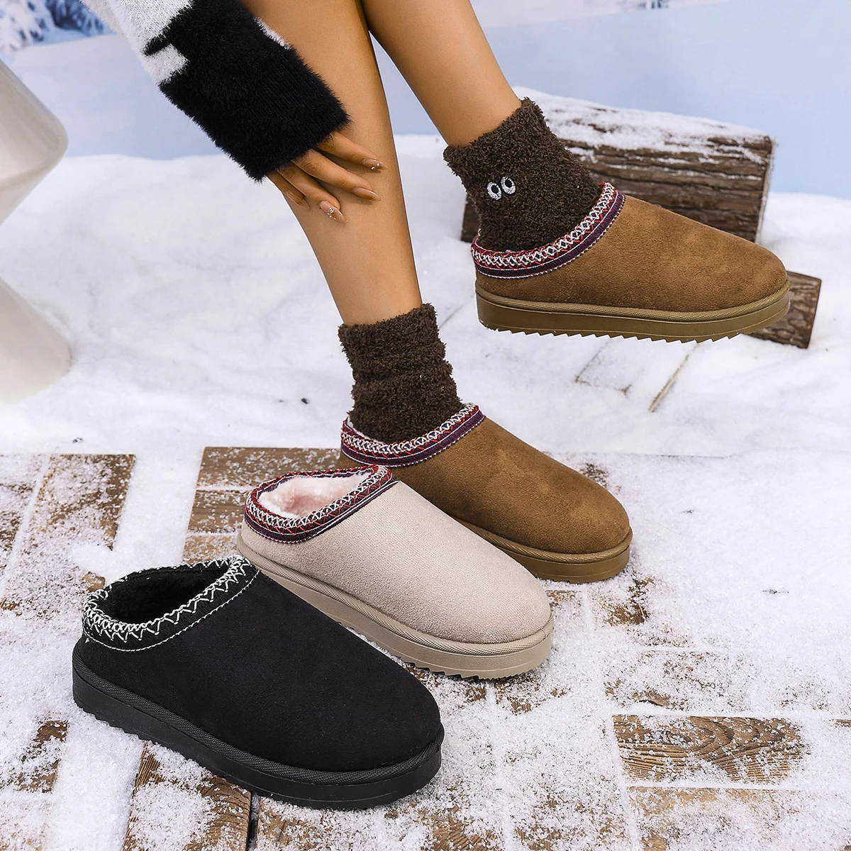 Snow Boots for Women 2025 Winter New Cashmere Warm Thick Soles Without Heel-covered Hair Half Slipper Cotton Shoes for Women