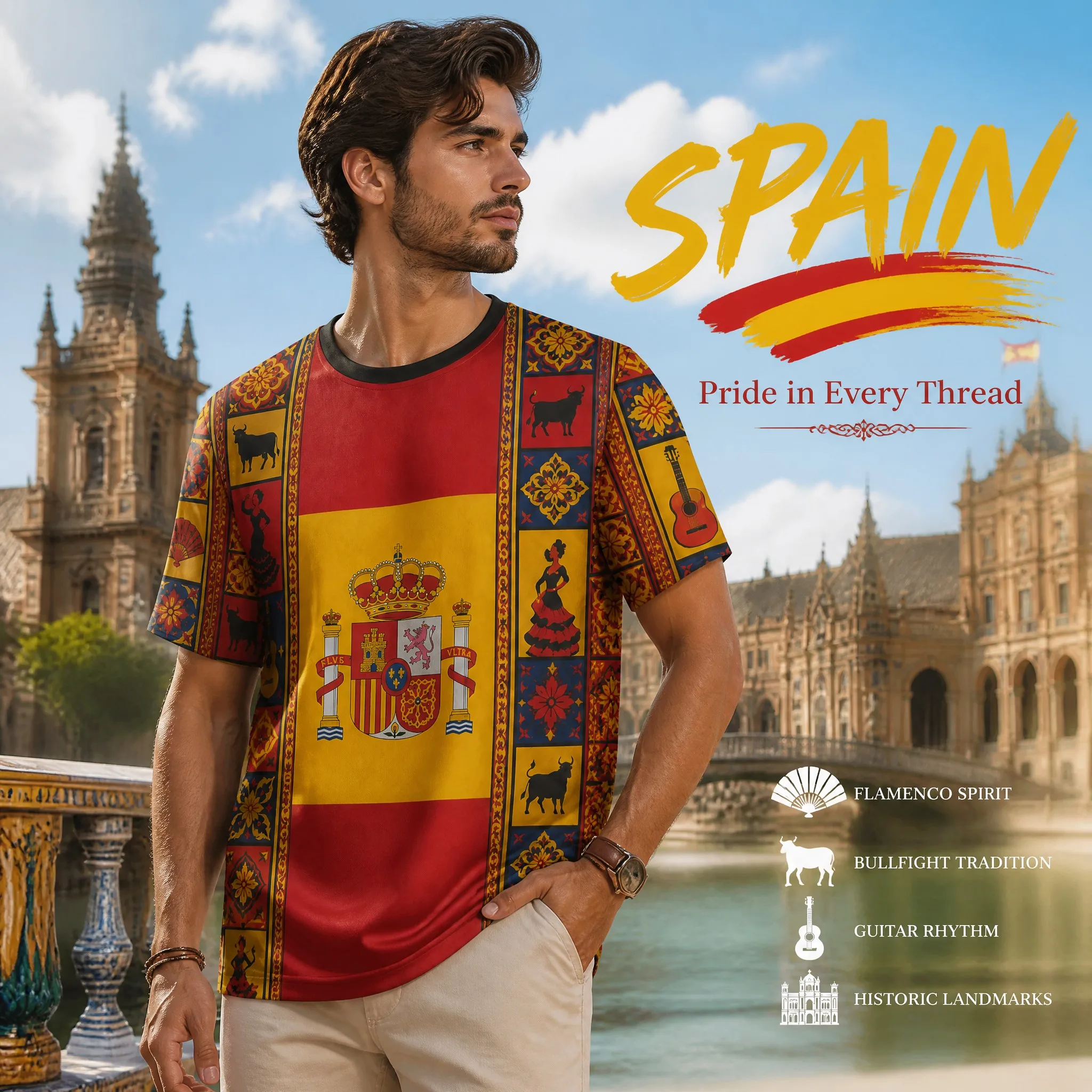 Mens Crew Neck Short Sleeve Spain Heritage Graphic T Shirt Red Yellow Crest Folk Art Bull Flamenco Print Casual Summer Top Shirt