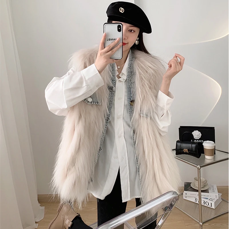 Raccoon Dog Fur Vest Women's Short Autumn and Winter Casual Single-breasted Denim Patchwork High Quality Real Fur Jacket