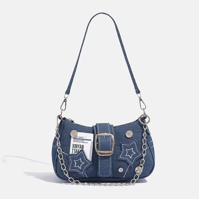 

Y2K Style Star Denim Armpit Bag Crescent Shape Canvas Handbag with Chain Trendy Retro Shoulder Bag for Women