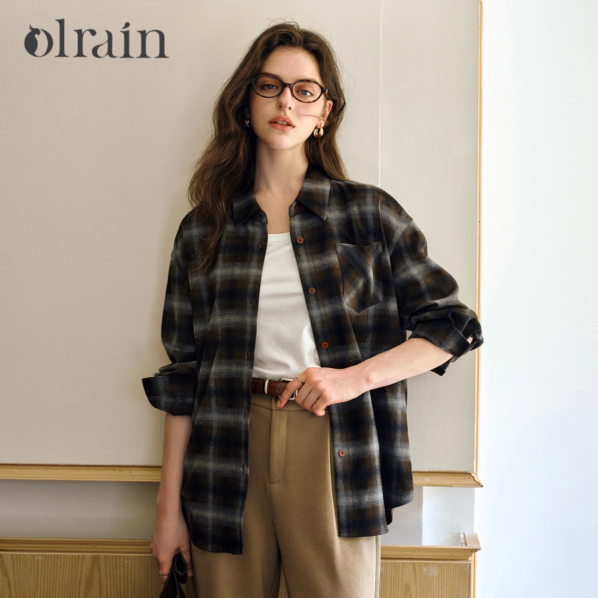 OLrain Women's Plaid Shirt 2025 Autumn New Arrival Casual Vintage Loose-fit Long-sleeve Turn-down Collar Shirt Tops O57QC001152