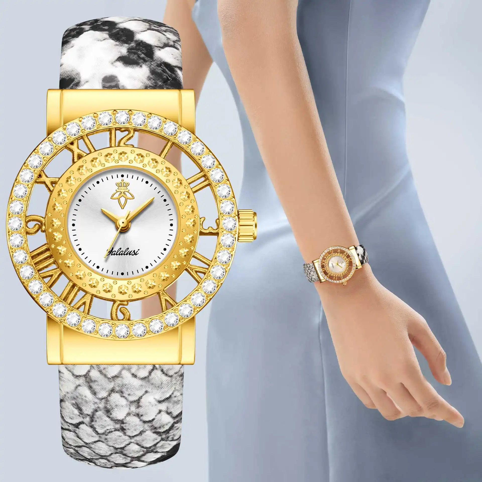 

Yalalusi Diamond Set Serpentine Strap Women's Watch Hollow Dial Bracelet Women's Watch Light Luxury Business Quartz Watch