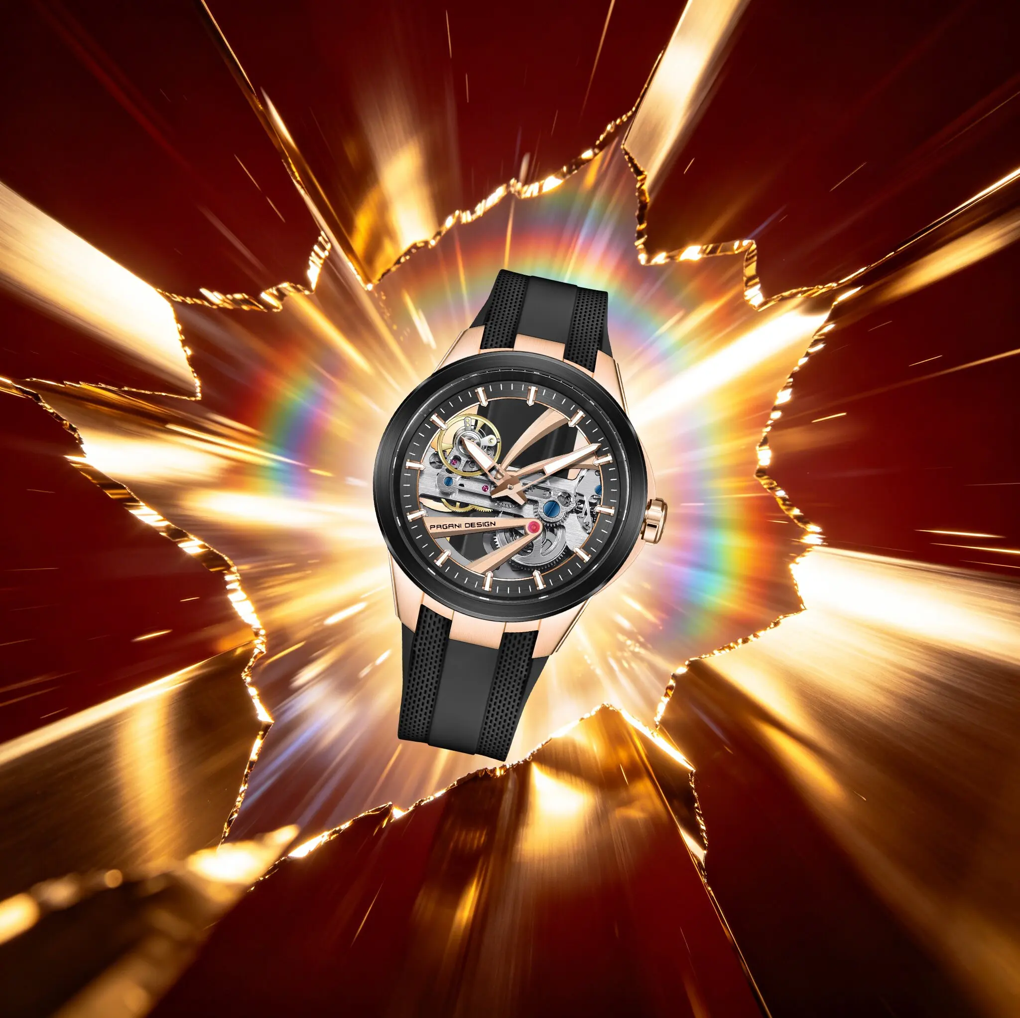 Montre mécanique pour homme PAGANI DESIGN Extraordinary Demeanor, cadran ajouré, noir et or, bracelet en caoutchouc, saphir, luminescent, plongée, tourbillon