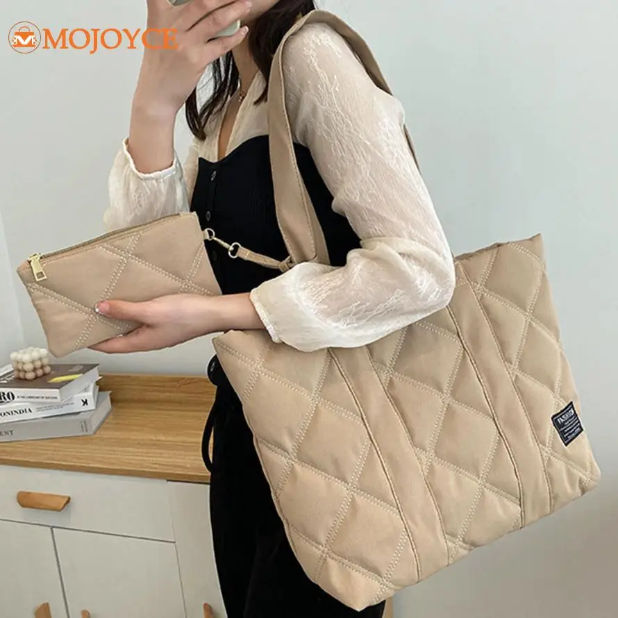 Women's Quilted Handbag Casual Cotton Grocery Shopping Bag Large Capacity Ladies Tote Bags with Purses Nylon Square Shoulder Bag