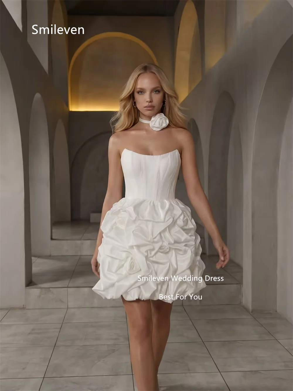Smileven Ivory Short Puffy Mini Ball Gown wedding Dresses Strapless Sleeveless Bridal Dress 3D Rose Corset Gowns Customized 2026
