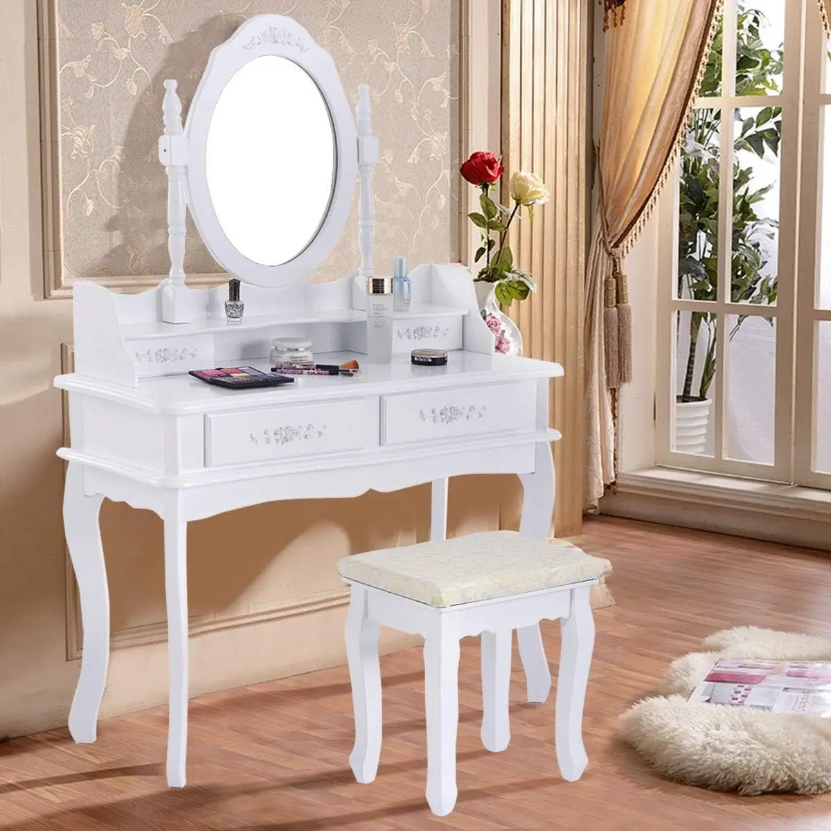 White Vanity Jewelry Makeup Dressing Table Set W/Stool 4 Drawer Mirror Wood Desk