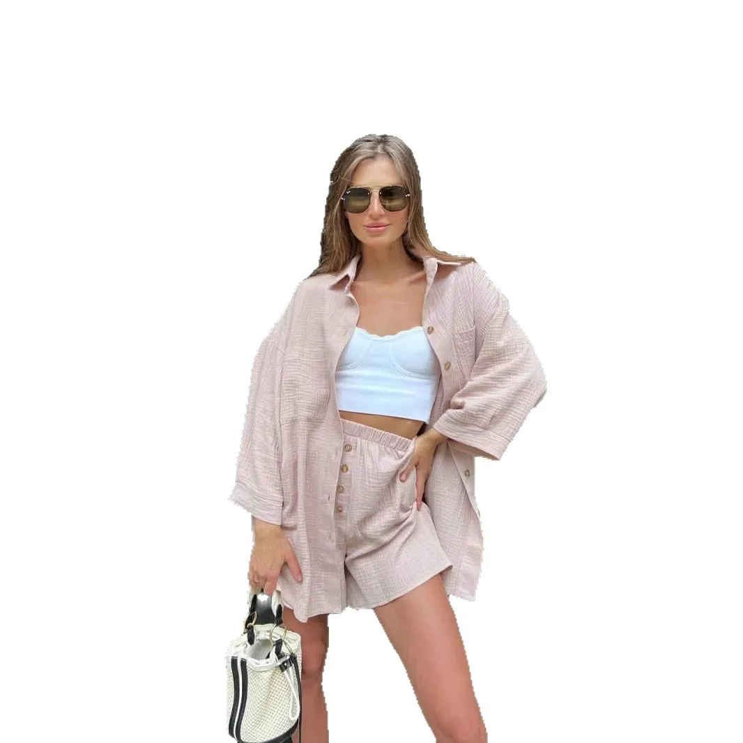 

New Fashion Button Lapel Shirt + Shorts Two-piece Sets Women Summer Casual Loose Solid Color Top Pocket Shorts Suit For Women