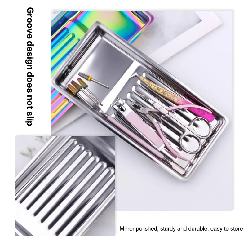 Bandeja de esterilização para ferramentas de arte em unhas, prato de desinfecção de aço inoxidável, bandeja de armazenamento de cosméticos, pinça de manicure, broca, cortador de unhas