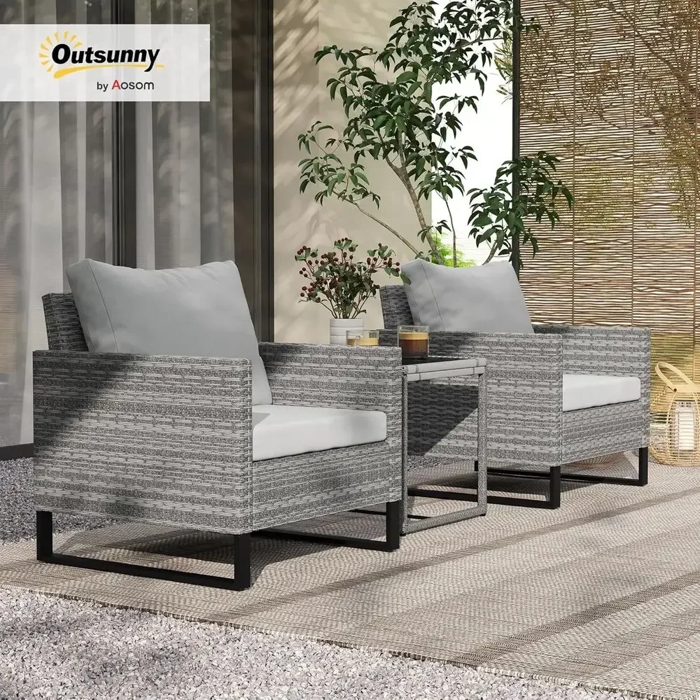 3-Piece Outdoor Patio Furniture Set: Wicker Bistro with Cushions, Rattan Chairs, and Glass Coffee Table - Perfect for Backyard,