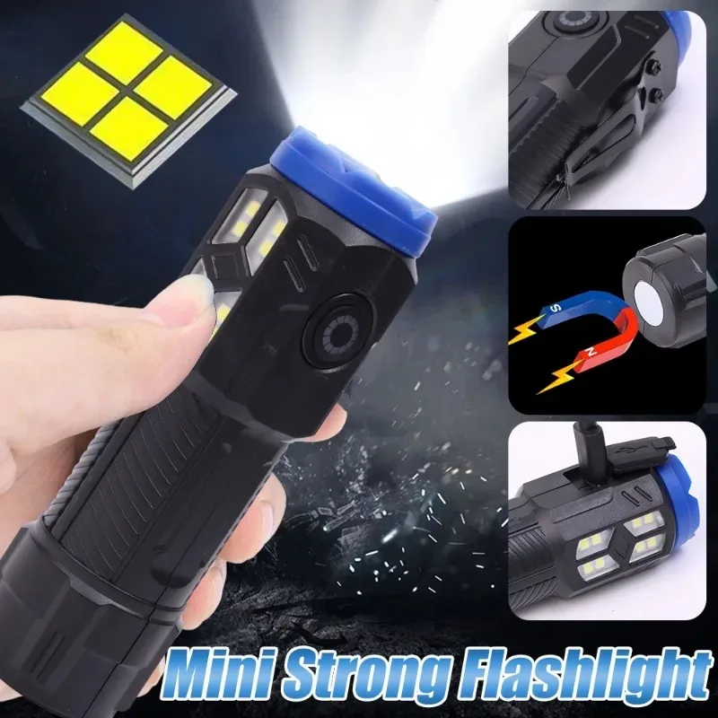 Outdoor Strong LED Flashlight Light Torch Portable Mini Three Eye Flashlight USB  Charging Flashlights Clip Lamp Camping Fishing