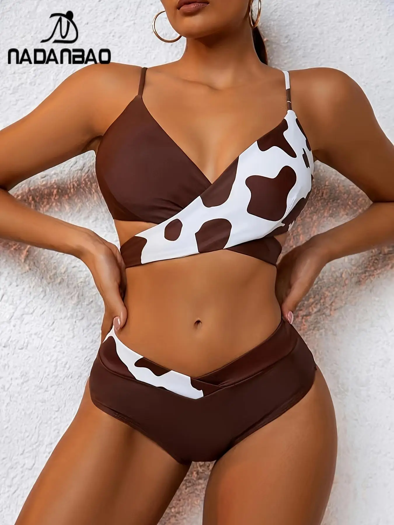 Nadanbao-Bikini de plage sexy à col en V pour femme, maillot de bain d'été à la mode, dos nu, imprimé patchwork