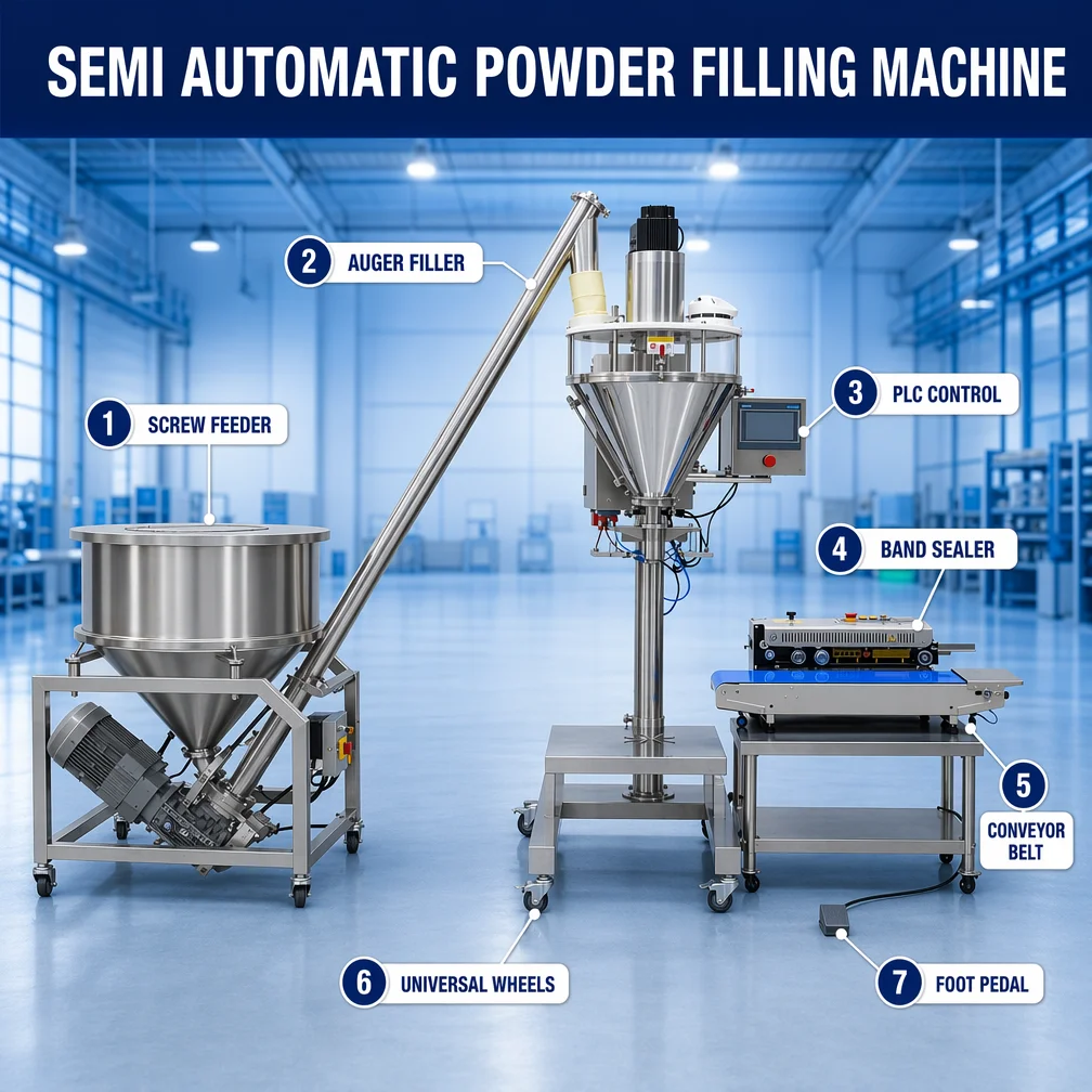 Semi Automatic Screw PLC Controlled Powder Filling Machine For Beverage Chemical Detergent Sugar Salt Flour Pouch/Bags Packing