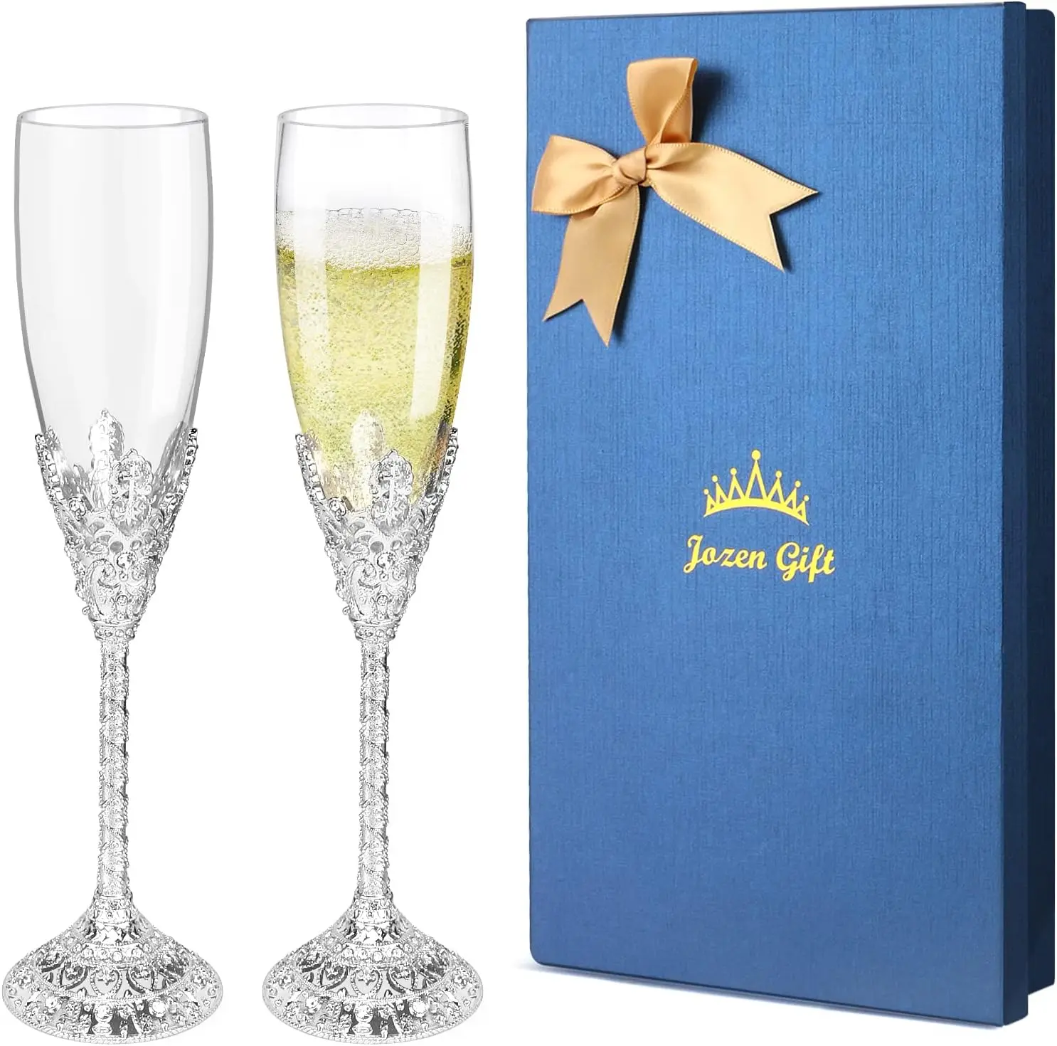 

Champagne Flutes Set of 2, Crystal Toasting Glasses with Metal Base, 6 oz, Silver - Wedding Gift