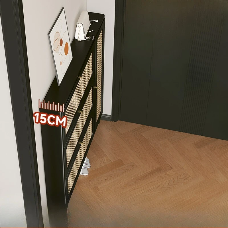 

Ultra-thin tipping bucket shoe cabinet is integrated at the entrance of home, against wall, behind the door, retro porch