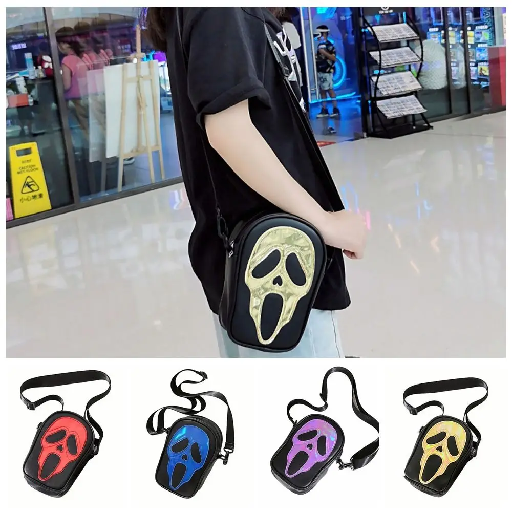 Laser Ghost Shoulder Bag Korean Style Adjustable Strap Soft PU Leather Mobile Phone Small Square Bag Women Skull Crossbody Bag