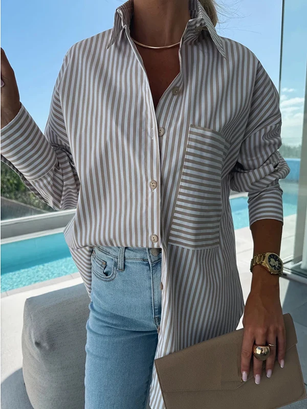 Faionable مخطط فضفاض طويل Sve irt زر واحد OL Commute Sle المرأة قسط ربيع الخريف أعلى ألياف البوليستر