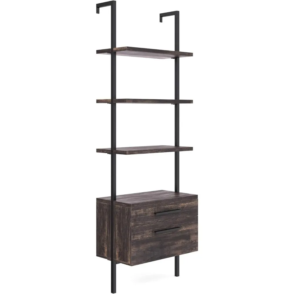 Nathan James Theo Industrial Bookshelf with Wood Drawers and Matte Steel Frame, 3-Shelf, Nutmeg/Black images - 6