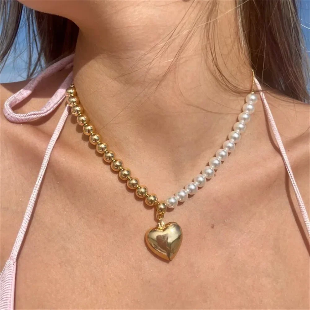 Fashion Gold Plated Beads Imitation Pearl Chain Necklace For Women Vintage Female Punk Hip-Hop Large Metal Heart Pendant Jewelry