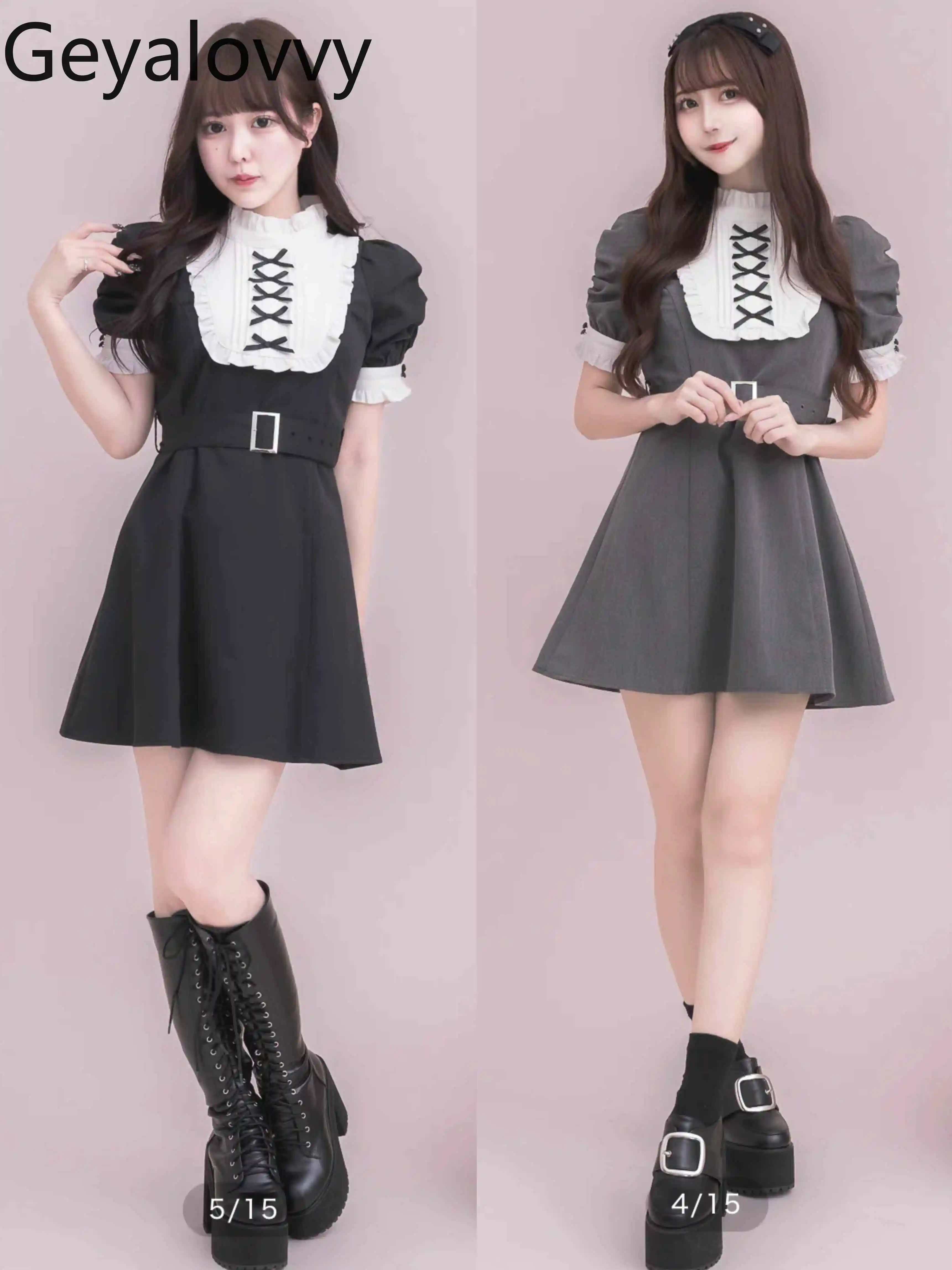 

Japanese Style 2025 New Sweet Lolita Dress Casual Elegant Cute Waist Tie Collar Women Short Sleeve Dresses for Lady