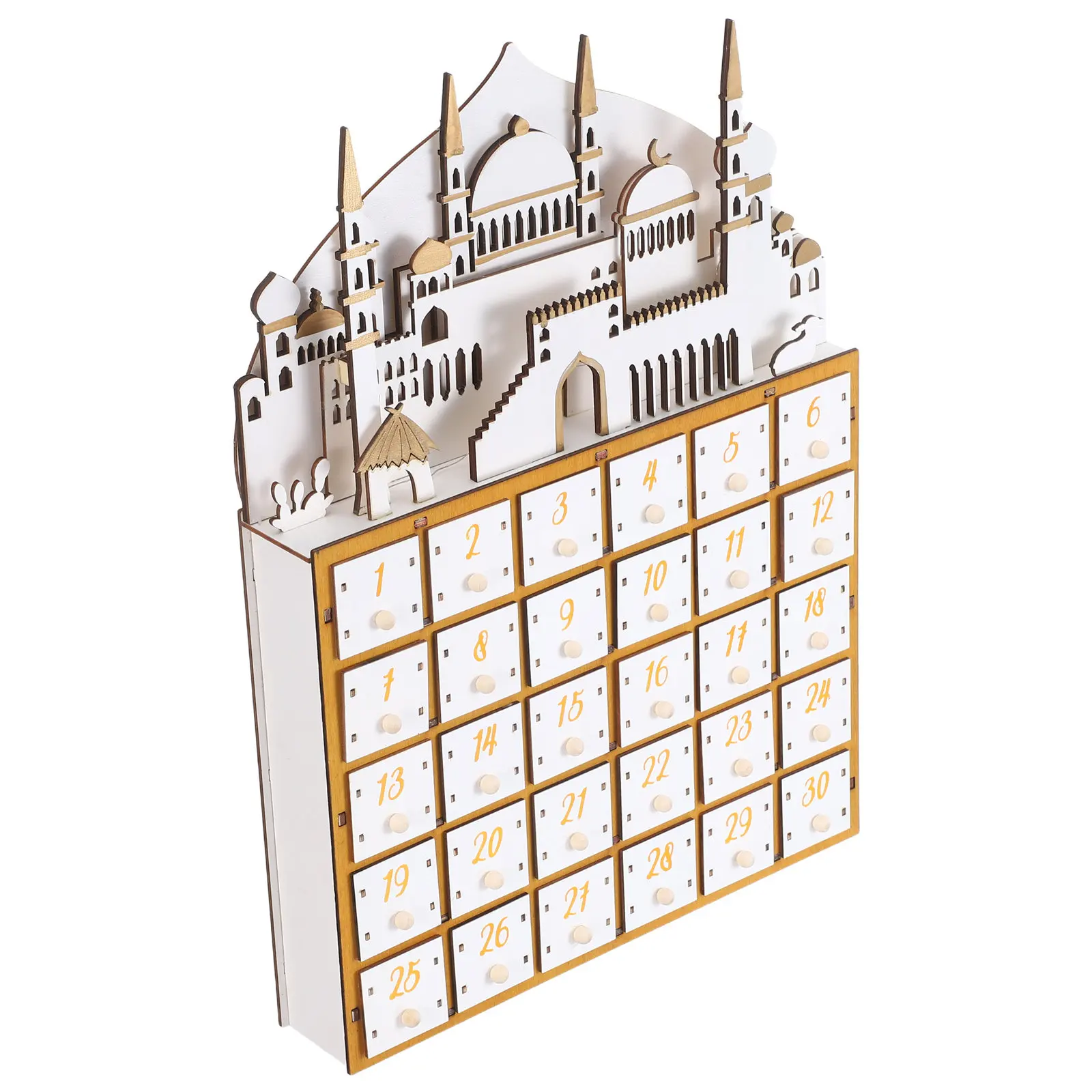 

Календарь-адвент на Рамадан: 30-дневный деревянный календарь обратного отсчета с LED-подсветкой и выдвижными ящиками для домашнего декора, мусульманских праздников, настольный органайзер