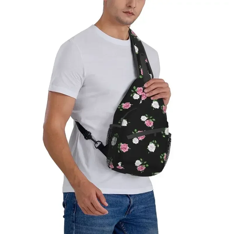 Rose Petals And Leaves Sling Crossbody Chest Bag Men Cool Watercolor Floral Flowers Shoulder Backpack for Traveling