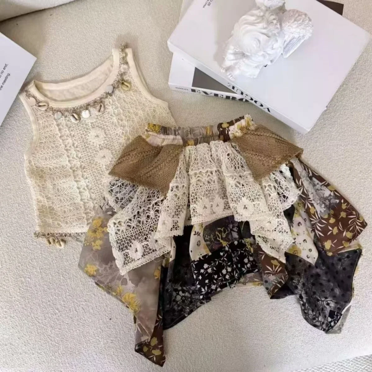 Girls' 2026 Summer Set New Tank Top Large Children's Western Style Children's Baby Girls' Ethnic Style Trendy Splicing Skirt