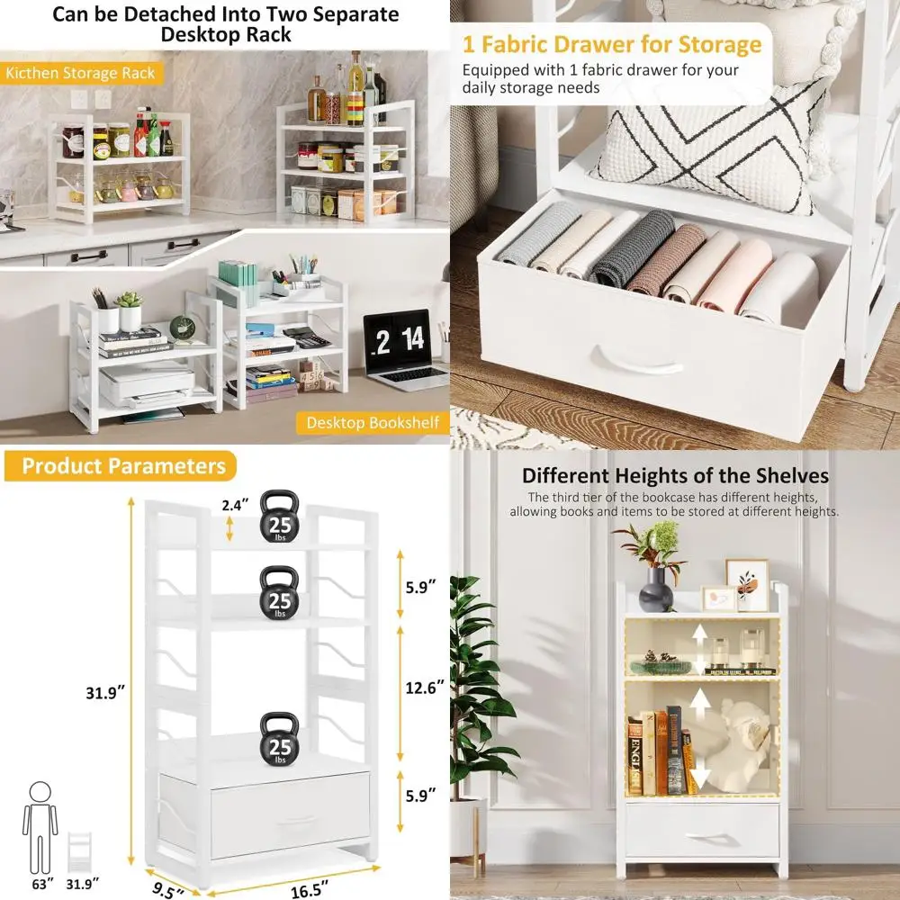 

4-Tier White Wooden Bookshelf with Drawer - Industrial Style Narrow Storage Organizer for Home Office and Living Spaces