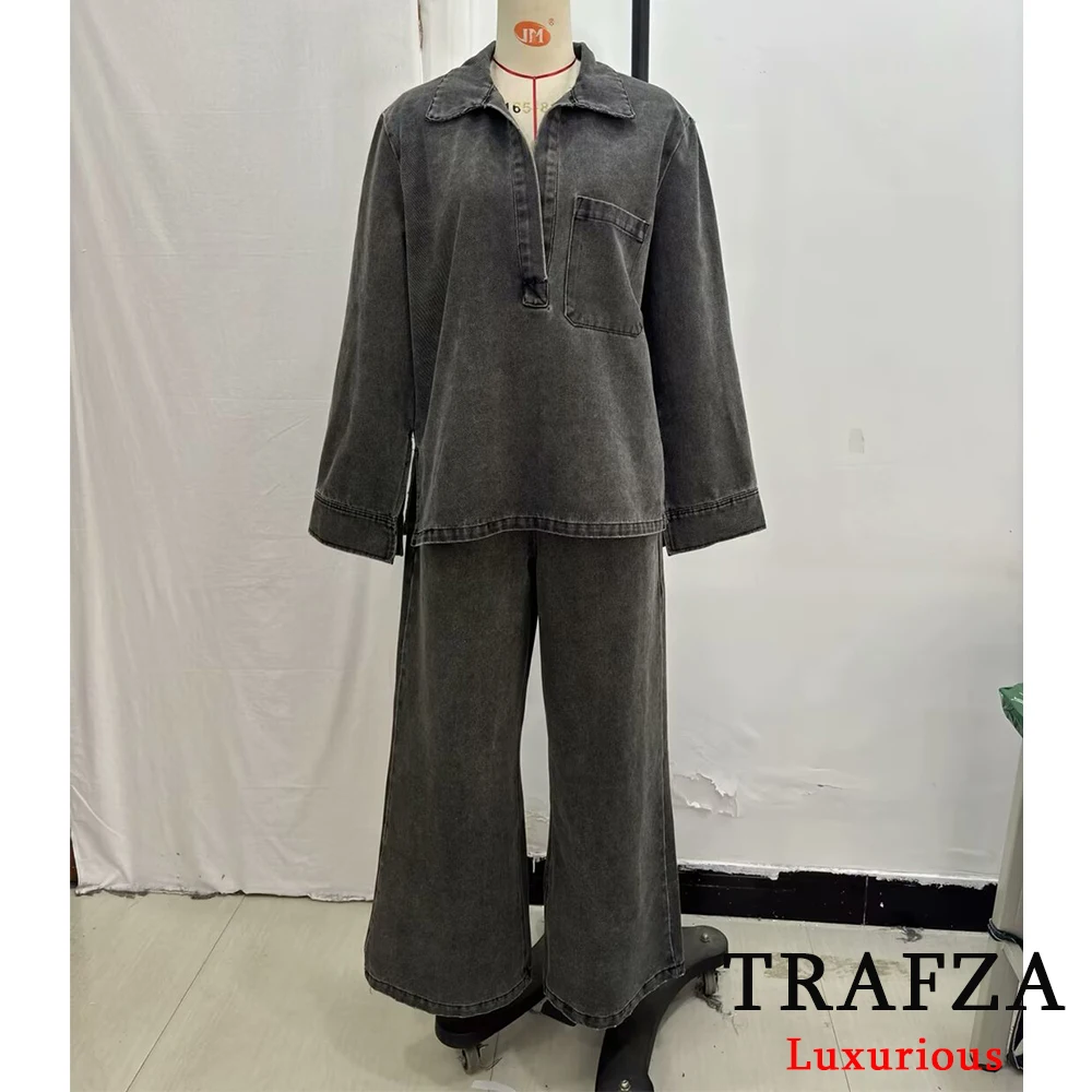 TRAFZA Vintage Casual Denim Chic Women Suit V Neck Long Sleeve Tops+Elastic Straight Pants Fashion 2024 Spring Street Wear Sets