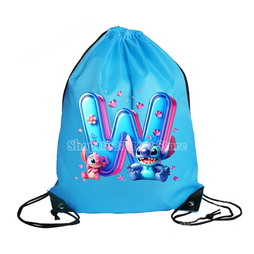 Disney Stitch Letter A-Z Print Drawstring Backpack Polyester Fiber Draw String Bags Men Women Gym Sport Mochila Portable Pouch