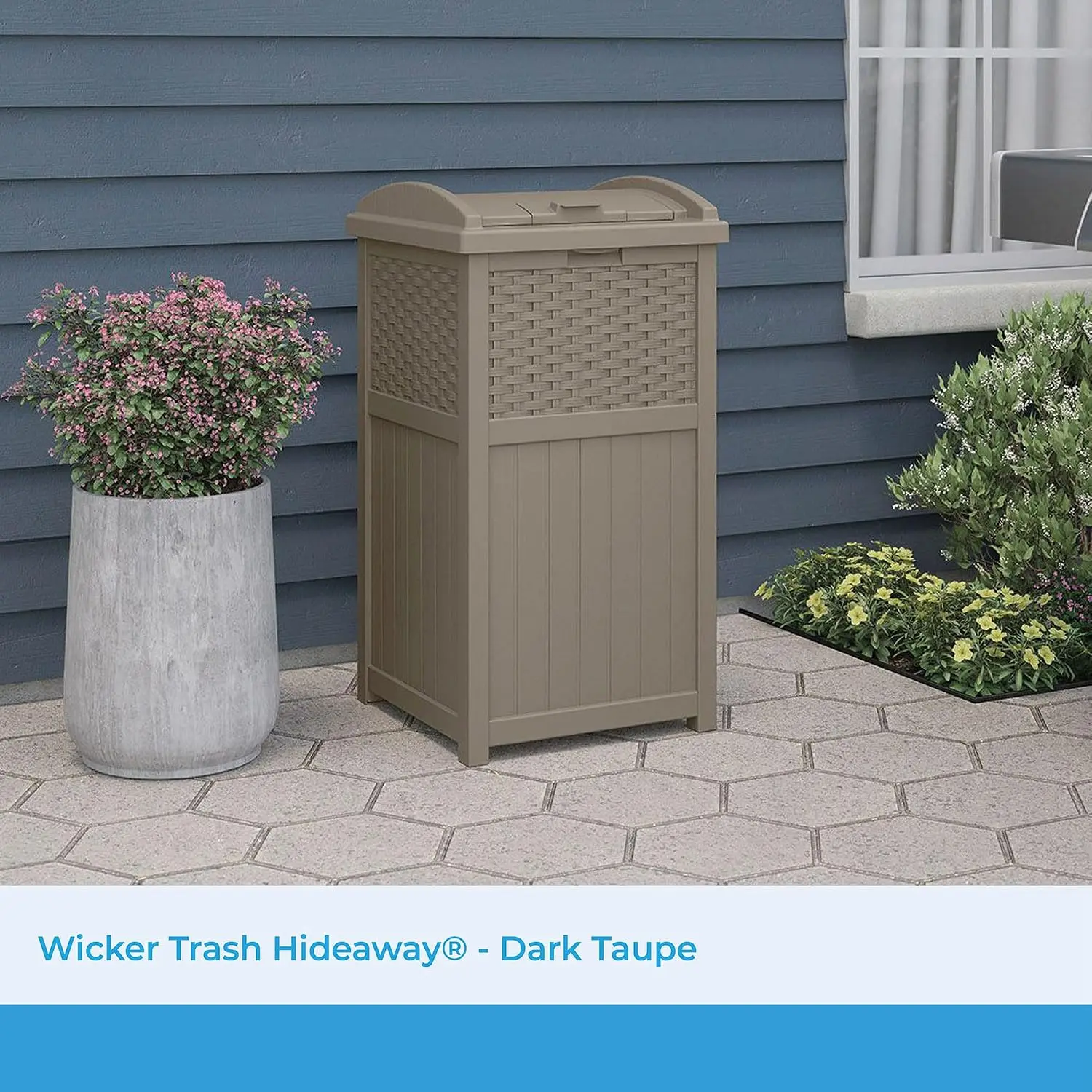 Wicker Resin Outdoor Hideaway Trash Can with Latching Lid for Use in Backyard, Deck, or Patio, Dark Taupe