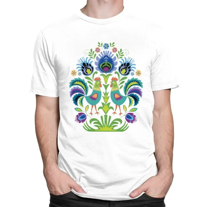 Custom Polish Folk Roosters Flowers T Shirt Men Short Sleeves Pure Cotton T-shirt Poland Floral Art Tees Streetwear Tshirts