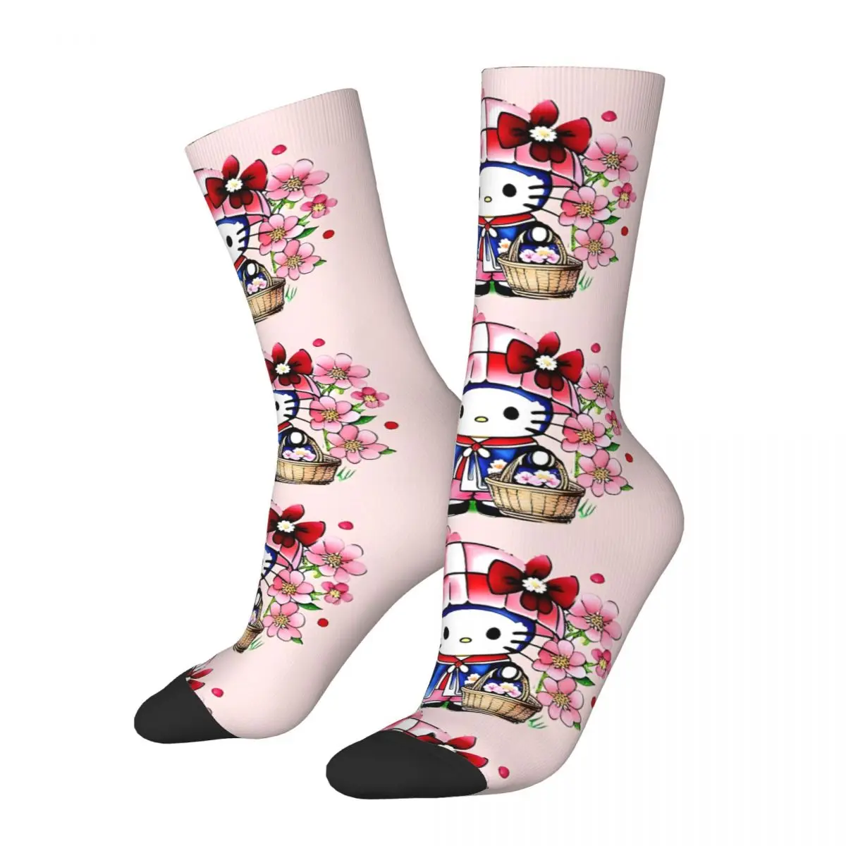 1 Pair Hello Kitty Flower Basket Sock for Men Hip Hop Harajuku Sanrio Happy Seamless Pattern Printed Boys Crew Sock Casual Gift